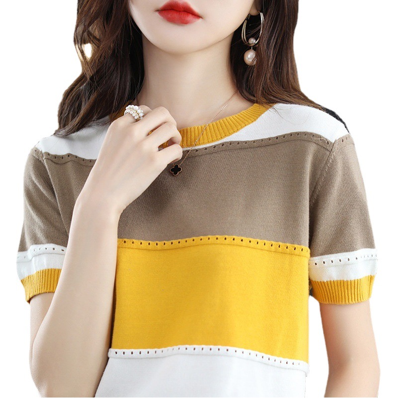 2023 Summer New Short Sleeve Women's Round Neck Color Matching Hollow Loose Slim Pullover Knitted Half Sleeve T-Shirt Women