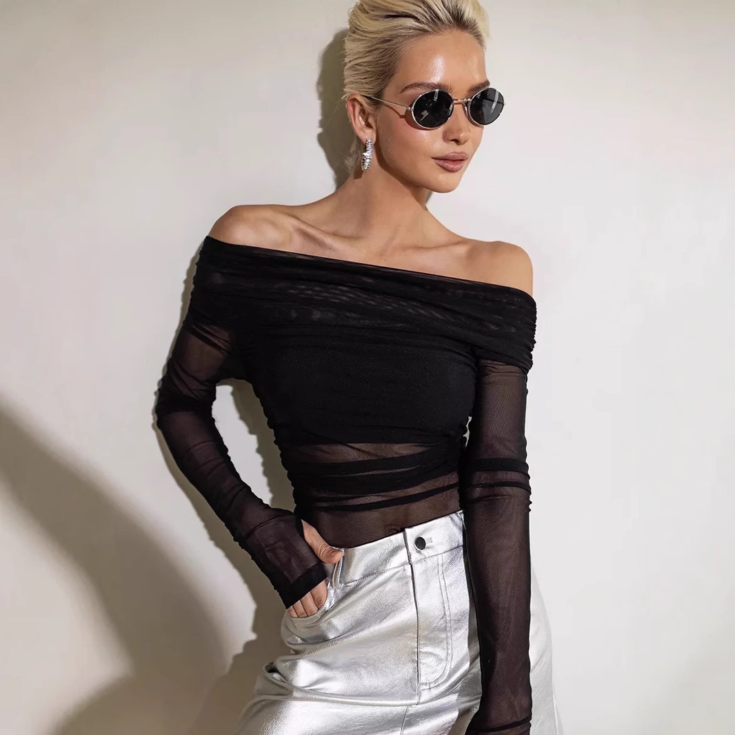 Cross-Border European and American Style Women's Clothing 2025 Spring and Summer New Pure Color Slim Fashion One-Line Collar Mesh Long-Sleeved Top for Women