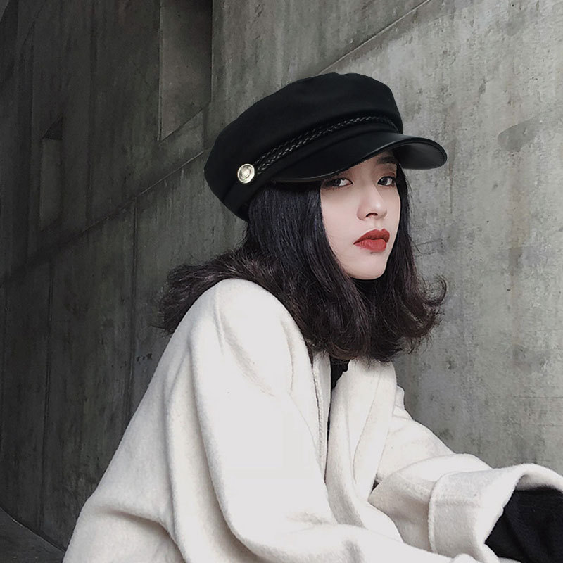 Korean Leather Beret Women's Autum Korean Style Student Cute Versatile Pu British Style Octagonal Hat Pumpkin Hat