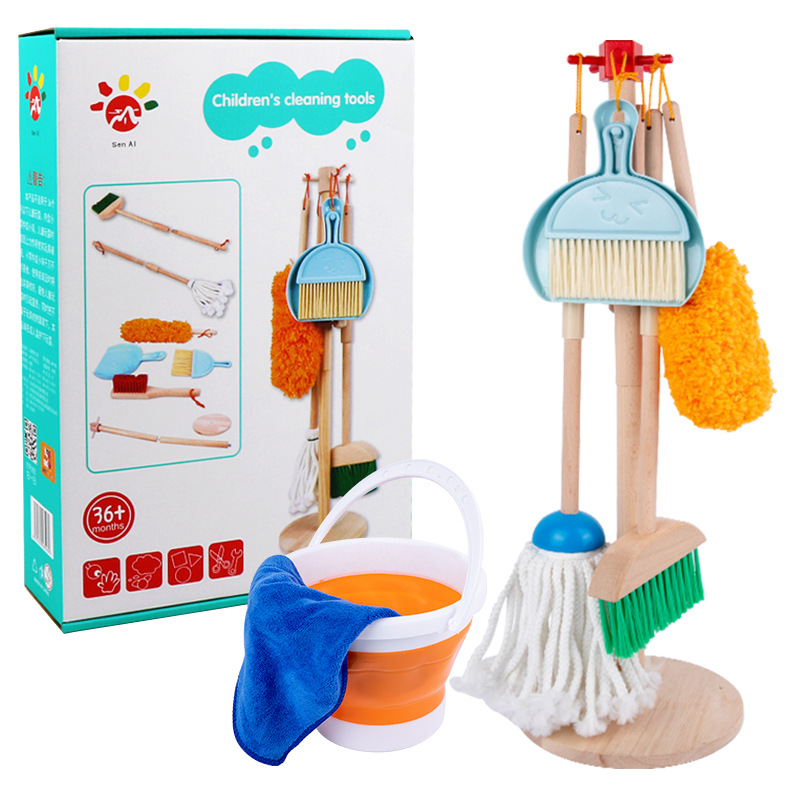 Picture of Children's Play House Simulation Cleaning Set Early Education Wooden Bloom Sweeping and Mopping Cleaning Tools Toys
