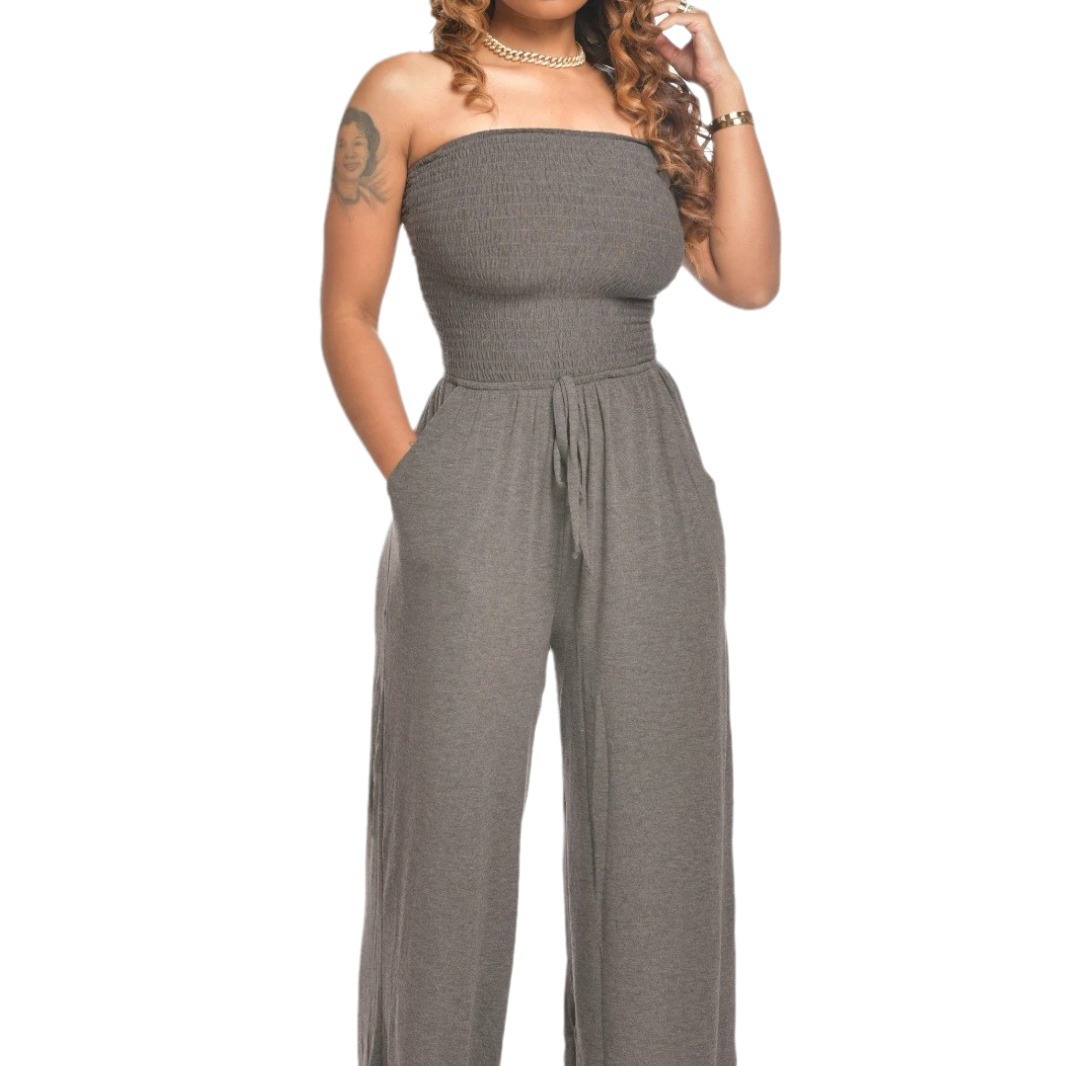 Picture of 2025 Amazon Aliexpress Cross-Border European and American Clothing Casual Flat Shoulder Wrapped Chest Wide Leg Jumpsuit Jumpsuit Women's Clothing