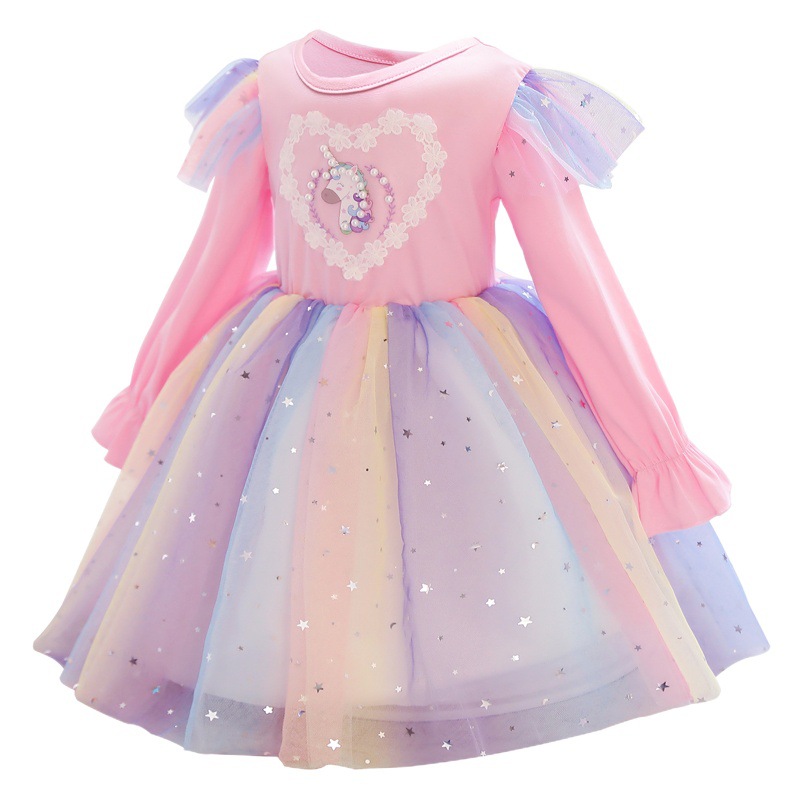 Girls' dress Spring and Autumn long-sleeved unicorn birthday children's clothing Western style rainbow dress sequined mesh princess dress children's dress