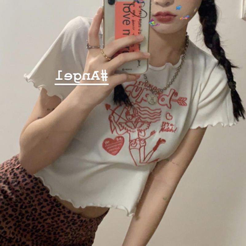 White Short-Sleeved T-Shirt for Women 2025 Summer New Korean Style Navel-Baring Short Student Embroidered Top Trendy Export Women's Clothing