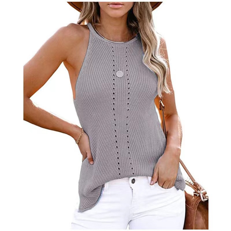 Picture of 2023 Shiying European and American Women's Spring and Summer Sleeveless Beach Clothes Solid Color Neck-Hanging Knitted Loose Neck Vest