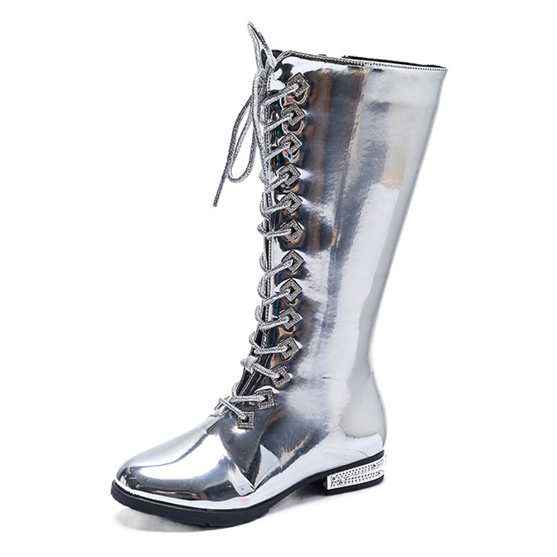 Girls' Shoes Silver Catwalk Martin Boots 2025 Autumn and Winter New Style Girls' Long High Boots Single Boots Spring & Fall