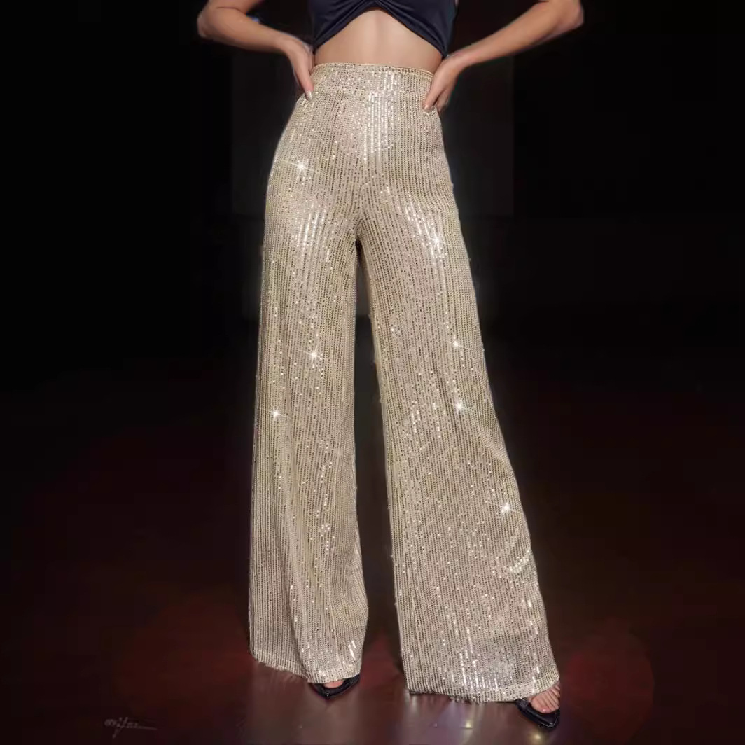 2024 spring and summer new women's trousers sequined decorative mopping pants solid color sexy hot girl nightclub casual pants