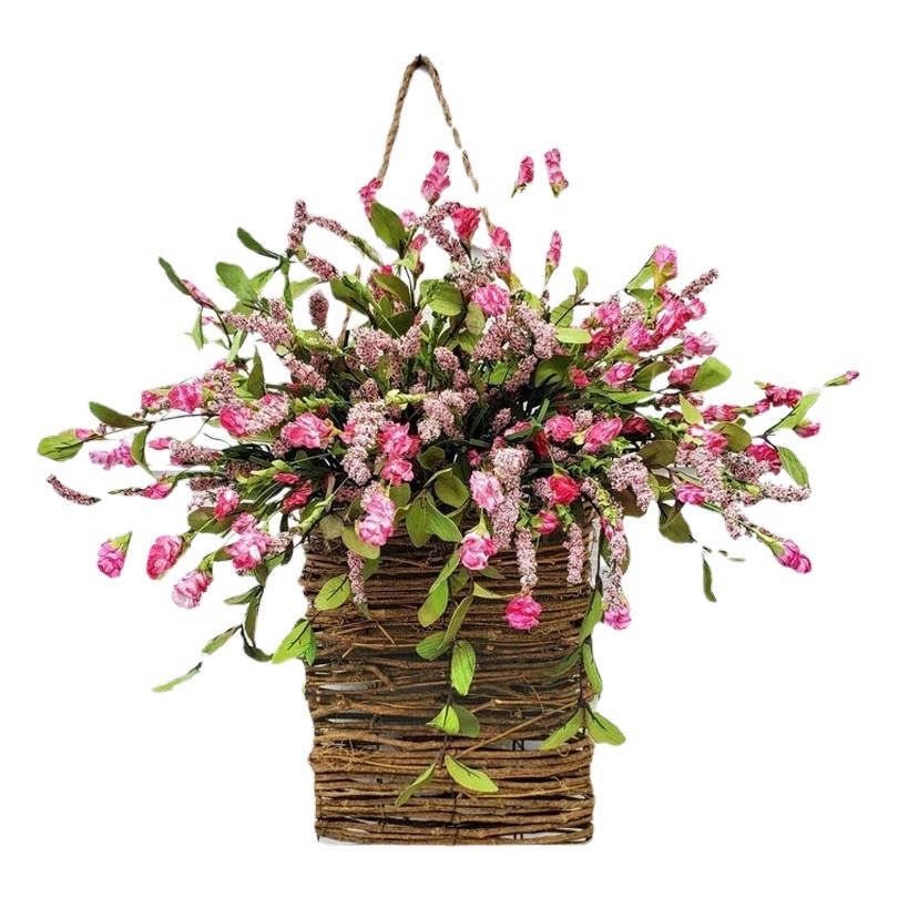Zonghong Spring and Summer Pink Berries and Wild Flower Door Hanging Basket Garland Home Decoration Wild Flower Door Hanging Basket Rattan Basket