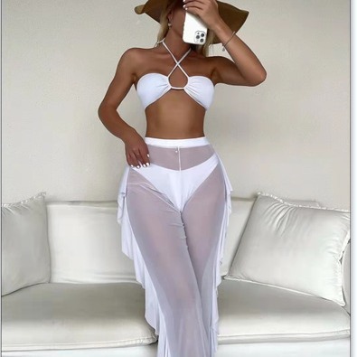 Mesh Solid Color Three-Piece Bikini Split Thong Sexy Swimsuit AliExpress Amazon European and American New