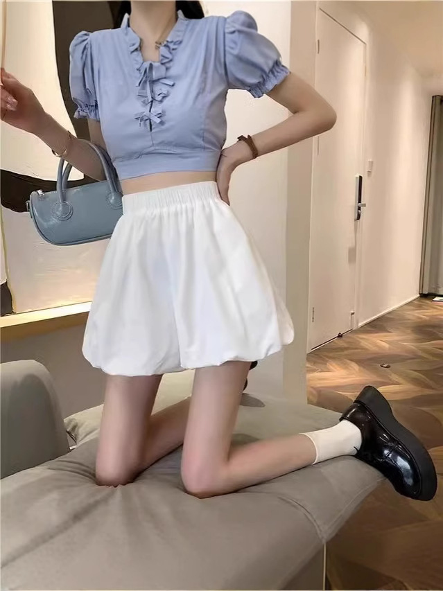 Fashion elastic high waist slimming sweet fresh solid color puffy knickers design flower bud versatile short hot pants