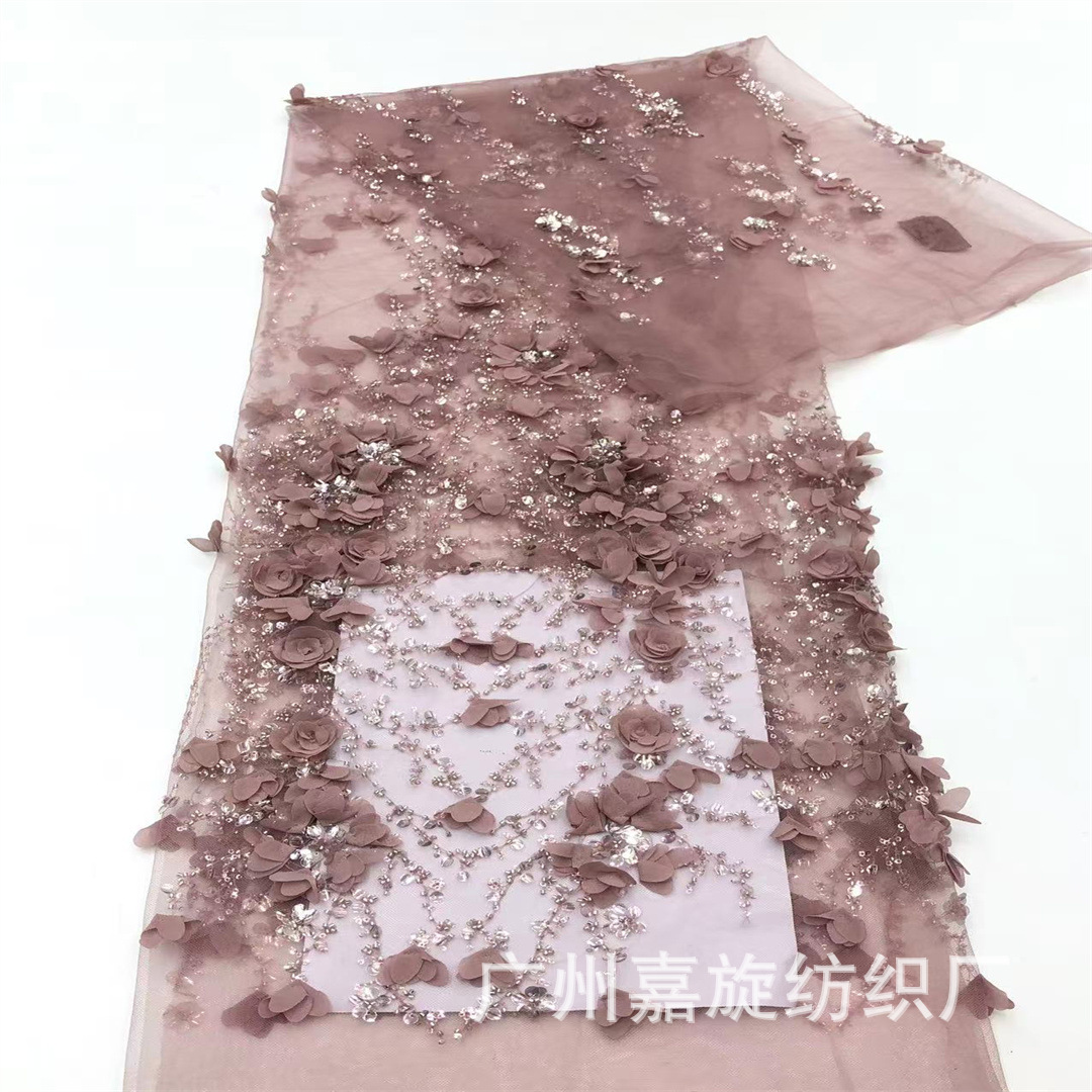 3D Flower Lace Fabric New Single-Sided Five-Fold Plum Stereo Flower Sequin Beads Dress Skirt Fabric