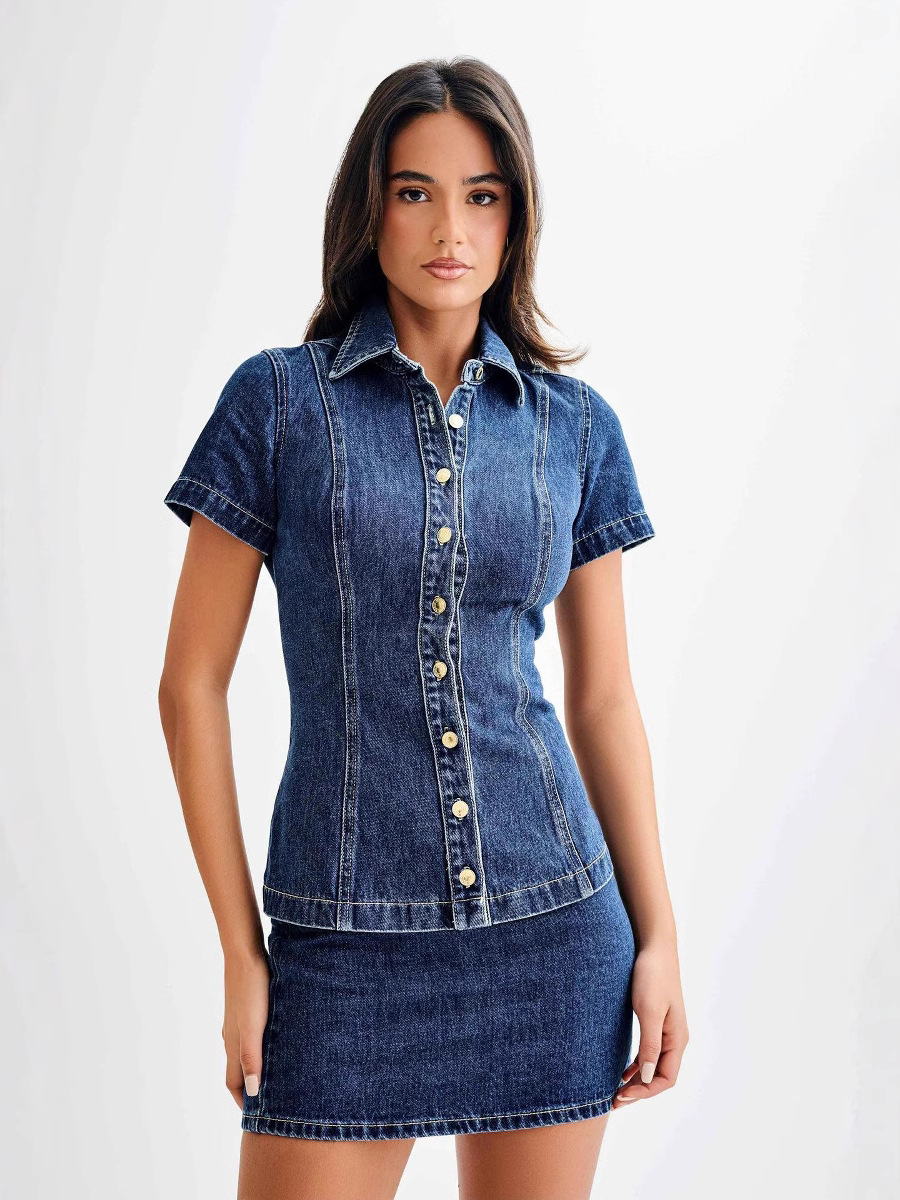 2025 Amazon European and American style cross-border women's elegant Denim lapel short sleeve button high waist skirt suit