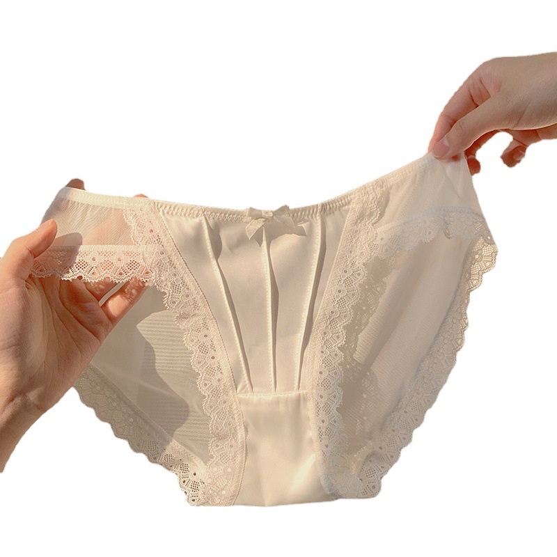 French Retro Satin White Underwear Women's Pure Lace Sexy Mesh Briefs Mid-low Waist Thin Cotton