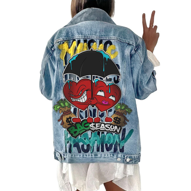 Picture of 2618 cartoon graffiti Amazon jacket Denim Net Red Jacket Women's autumn and winter baseball uniform Amazon coat