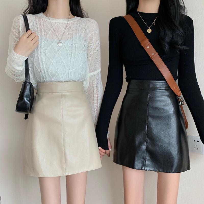 Hip Short Skirt 2024 Solid Color Small Leather Skirt High Waist PU Leather Skirt Women's Summer plus size Slimming A- line Skirt Belly Covering Bag