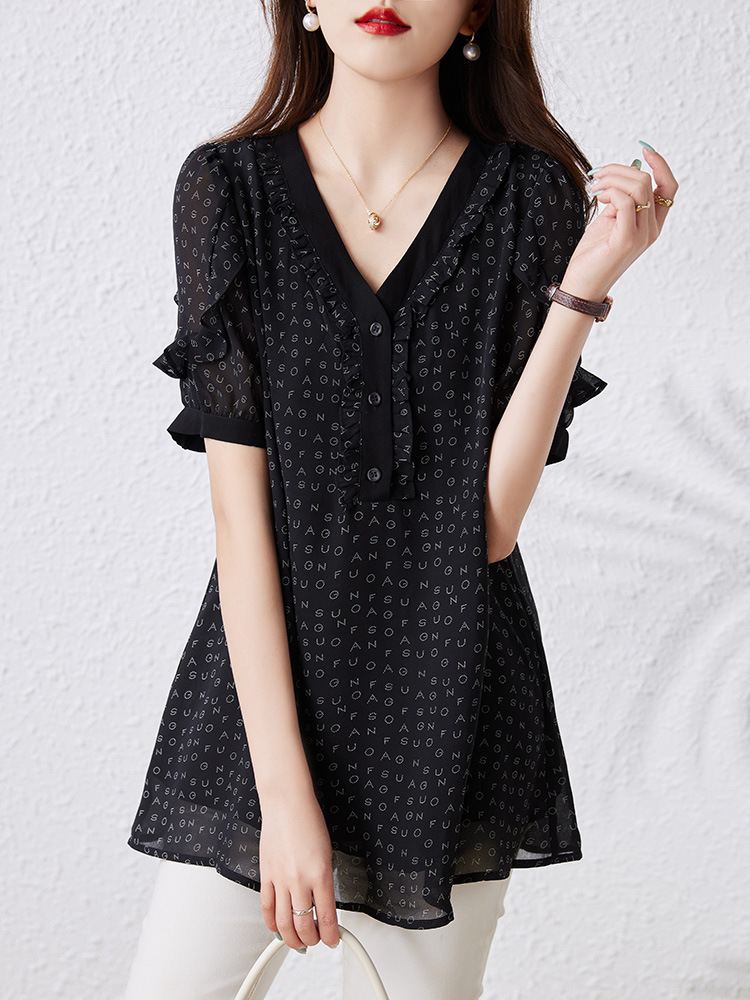 Picture of Real Shot chubby girl Printed Elegant Short-sleeved Shirt Summer New Belly Covering Loose Slim T-shirt Top