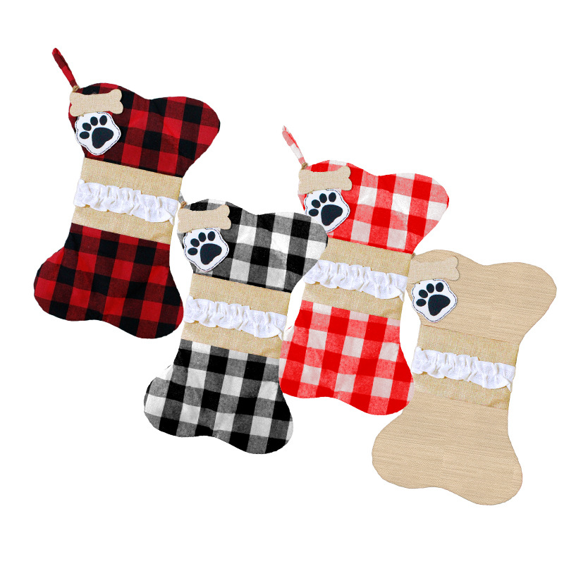 Christmas decorative pet bag dog claw bone gift bag red black and white red and white imitation linen bag