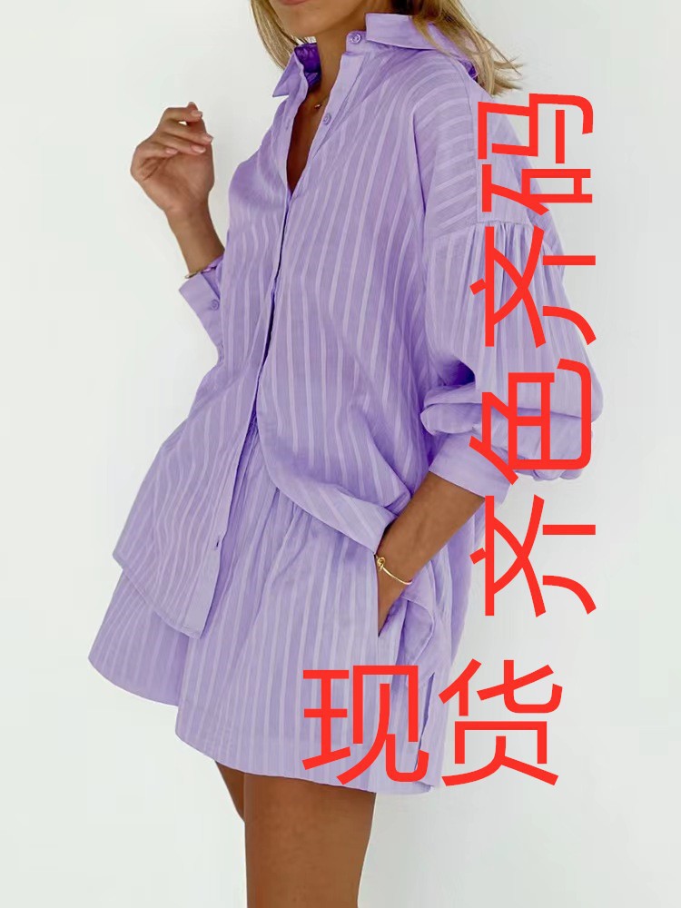 European and American women's 2025 new 100 cotton jacquard striped lapel bubble sleeve shirt two-piece set + shorts suit