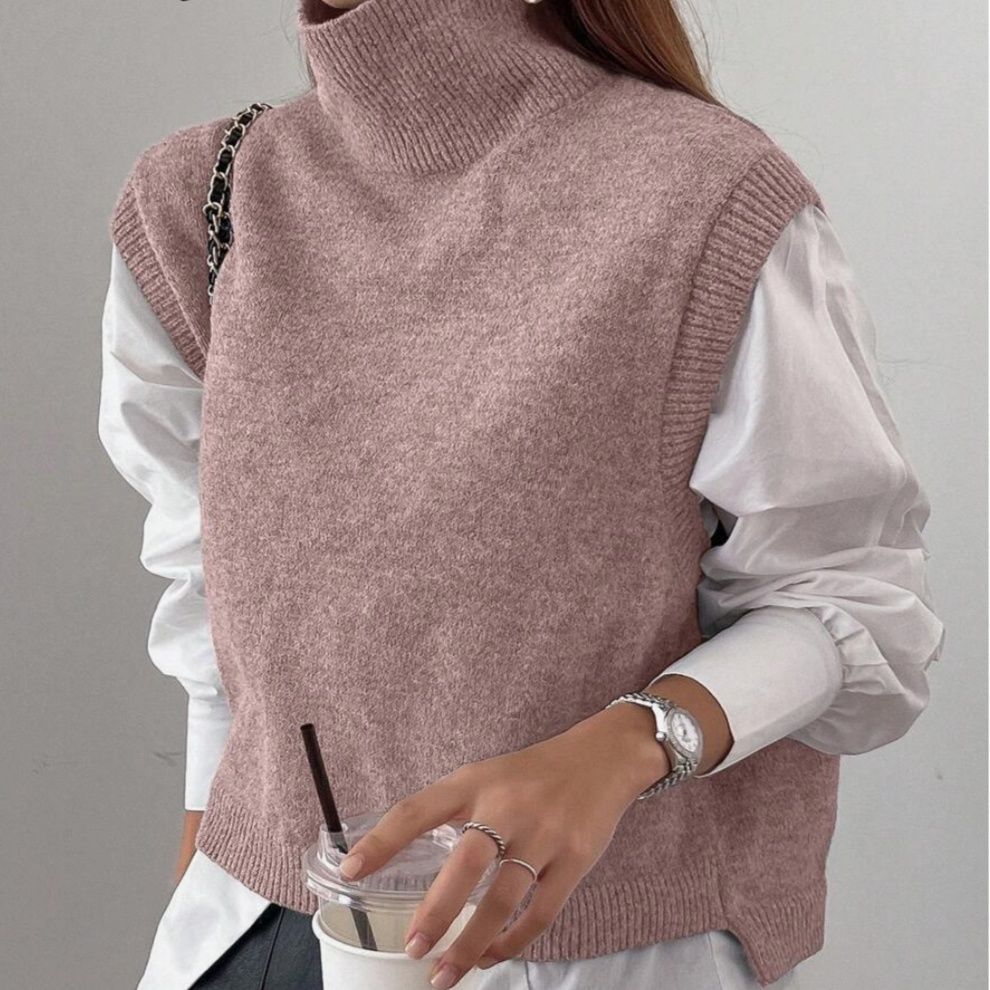 Picture of High-Neck Knitted Vest for Women, Korean Style, Loose Casual Sleeveless Sweater, Outerwear Layering Vest, Wool Blend