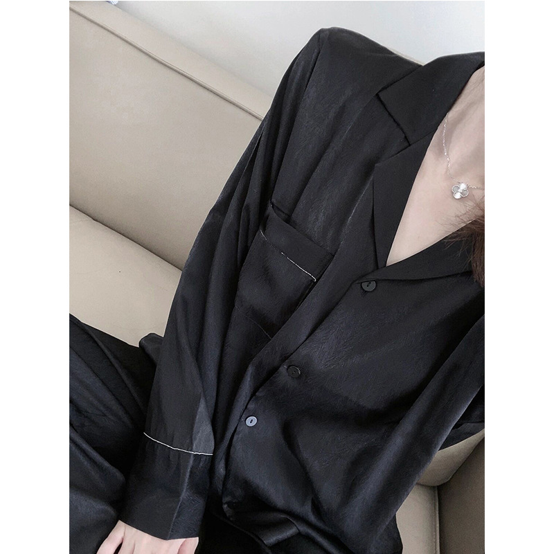 Picture of ins Cyber Celebrity Lace Long-sleeved Simple Black Spring and Autumn Long-sleeved Trousers Cardigan Pajamas Women's Sweet Loose Home Clothes