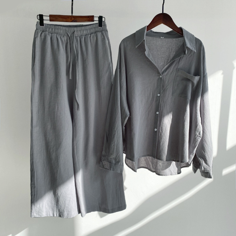 Picture of Cross-border Amazon Women's 2-piece Vintage Plus Size 2022 Cotton and Linen Shirt Set High Waist Loose Trousers