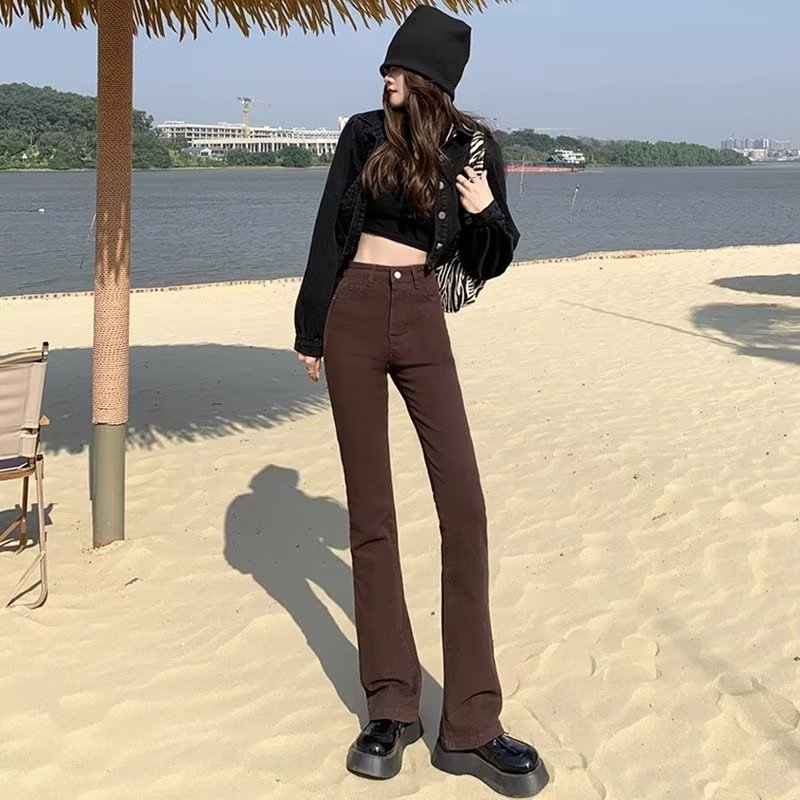 High Waist Jeans Women's Summer Slimming brown Small Micro-flared Pants Design Sense Niche Trousers