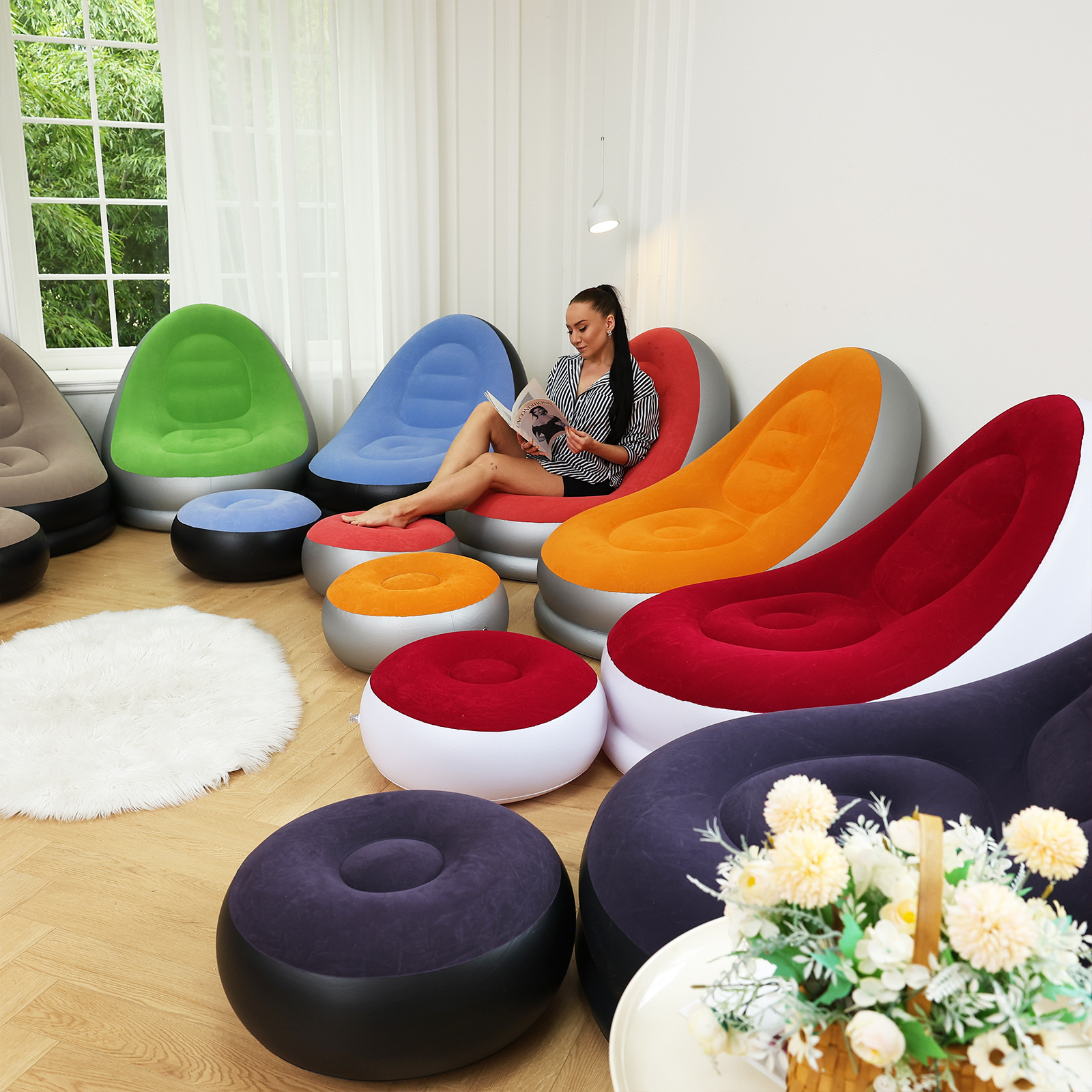 Picture of Adult Inflatable Lazy Sofa Two-piece Set with Pedal Macaron Flocking Sofa Recliner Leisure Inflatable Sofa