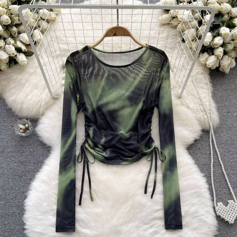 Ink Printed Tie-Dye Long-Sleeved Shirt for Women Summer New Round Neck Drawstring Tie Pleated