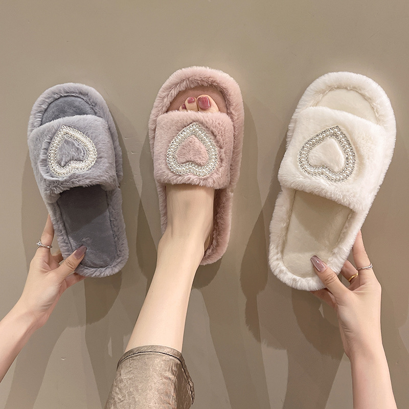 Cross-border foreign trade new fashion rhinestone pearl love Mao Mao slippers women's autumn and winter home warm floor cotton slippers