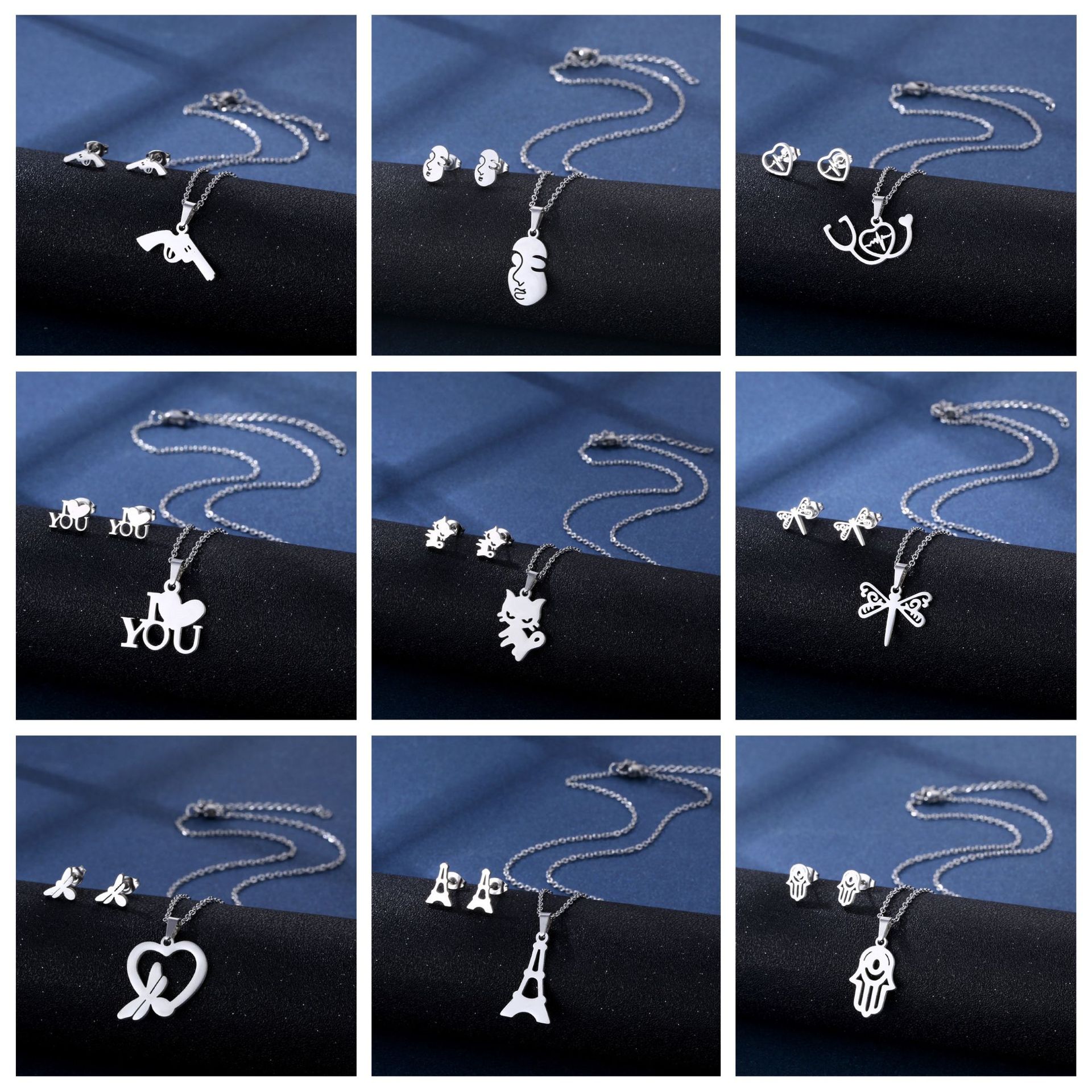 Cross-border new stainless steel necklace earring combination set wholesale smooth cutting simple fashion South American accessories