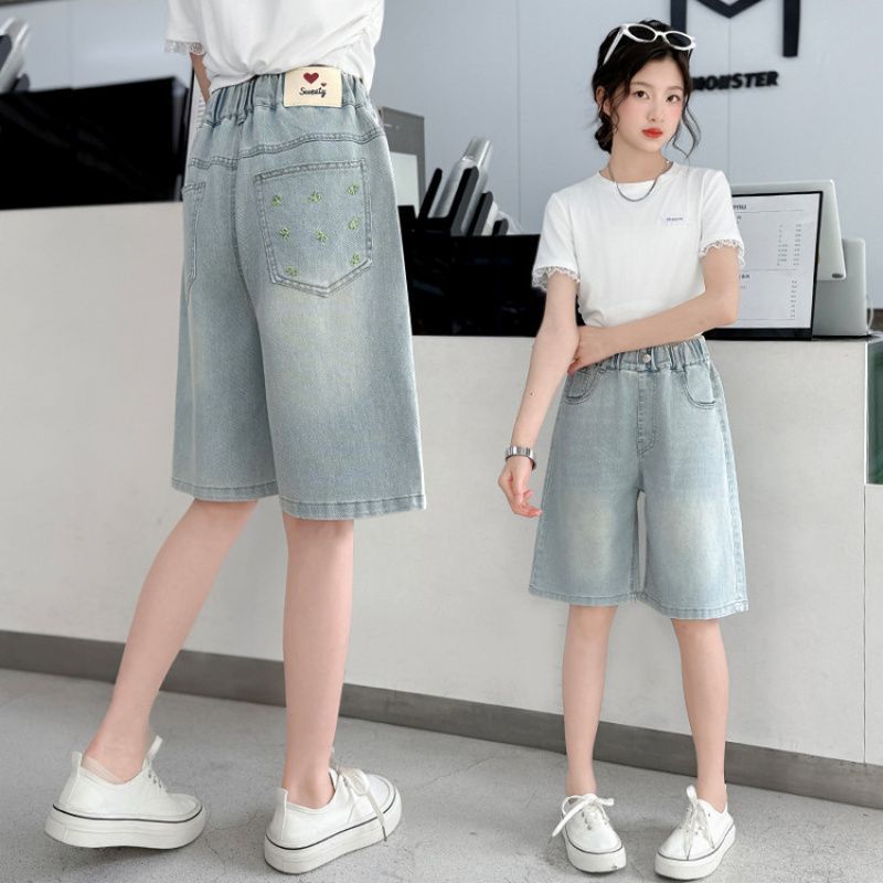 Summer Mid-Length Pants, In-Stock 5508 Back Pocket Label Bow Embroidered Mid-Length Pants for Girls Summer Children's Denim