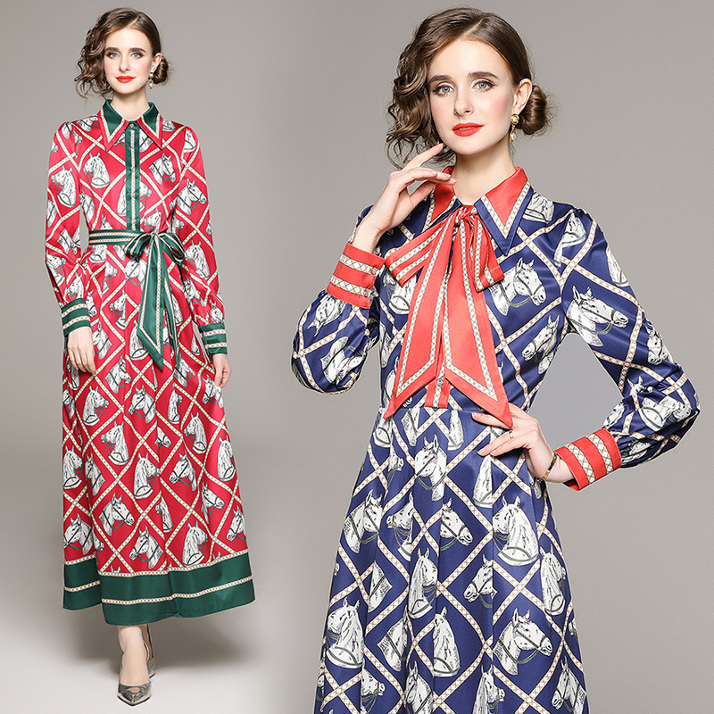 2025 Spring European and American Plus Size Women's Clothing in Stock Retro Printed Long-Sleeved Pleated Shirt Dress with Belt