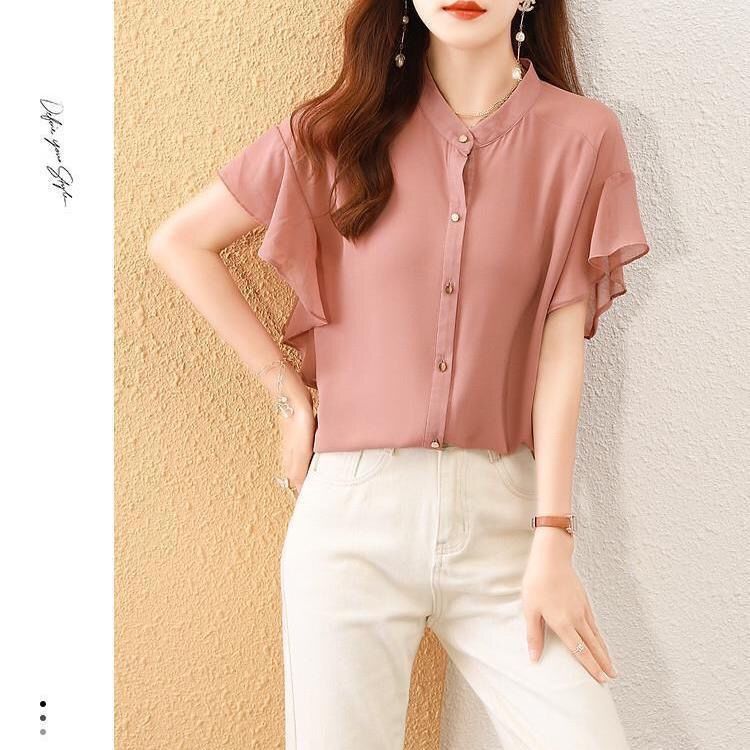 Picture of 2022 summer new western style all-match chiffon shirt flying sleeves solid color shirt beautiful loose thin slimming top