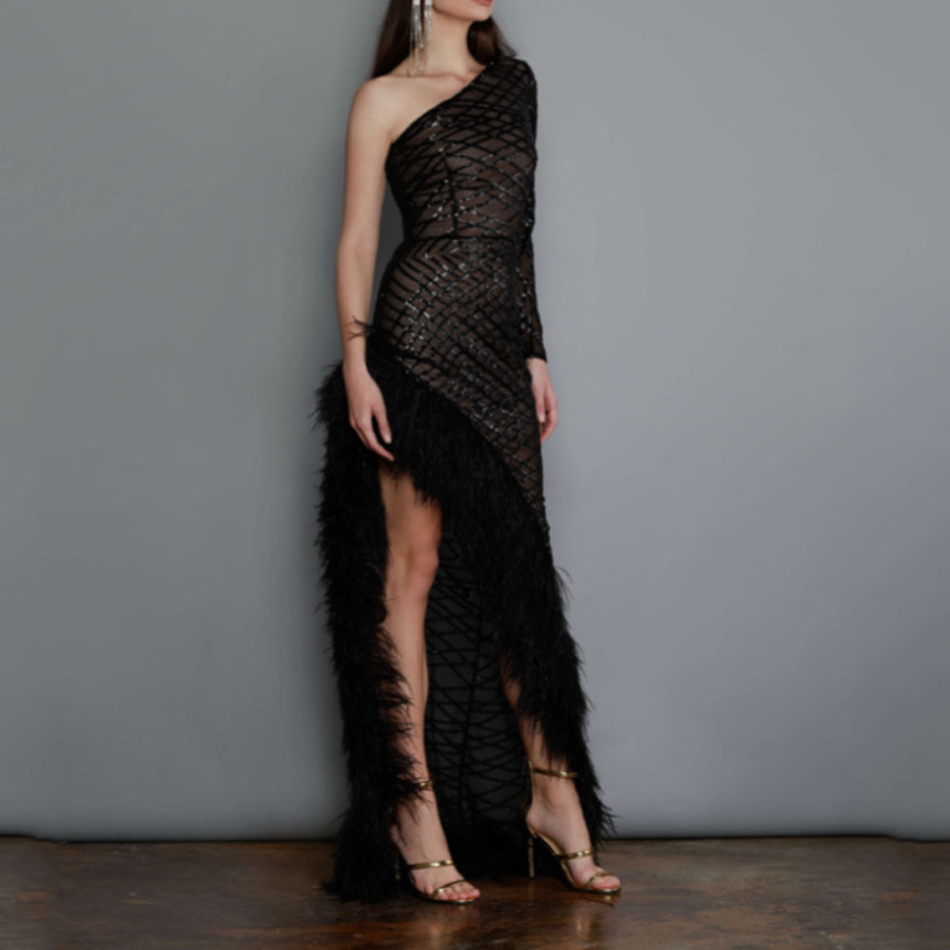 Picture of 2025 Cross-Border Spring and Summer New European and American Clothing Pure Color Sleeveless Asymmetrical Slope Collar Elegant Mesh Evening Dress Long Skirt