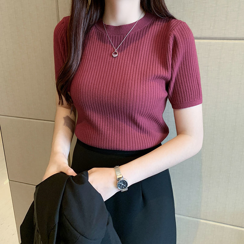2025 Summer New Slim-Fit Knit Short-Sleeve Top Women's Pullover Sweater Inner Layer Short Round-Neck Base Shirt