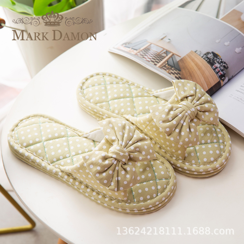 Korean Style Four-Season Round Dot Bow Three-Layer Thickened Rubber Sole Women's Home Indoor Wooden Floor Open Slippers