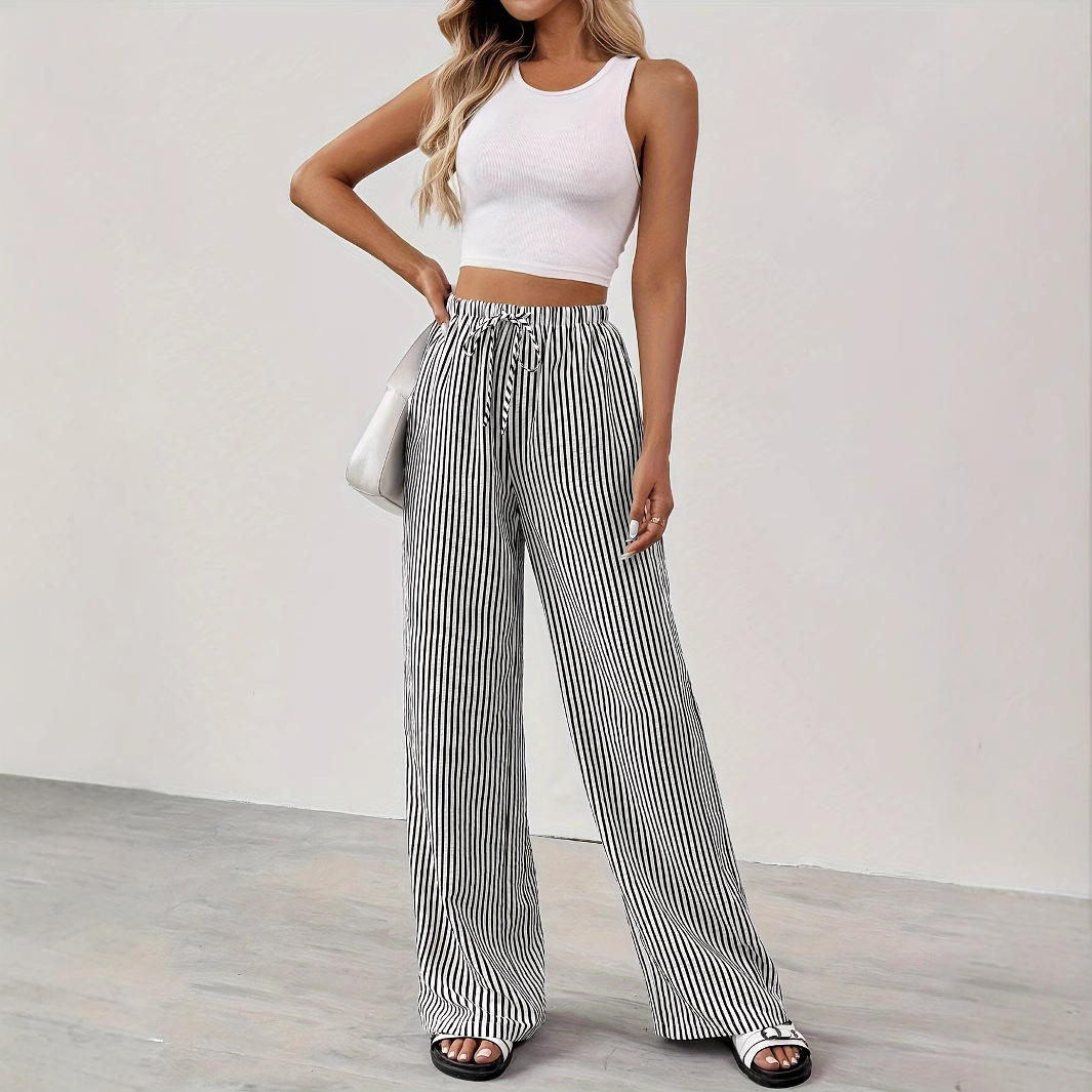 Cross-border European and American Women's Independent Station Explosions Striped Casual All-match Temperament Women's Trousers Straight Leg Pants Wide Leg Pants
