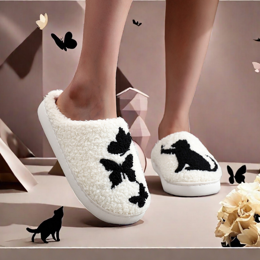 Pet Cat Cotton Slippers Butterfly Artistic Personality Men and Women Home Couple Autumn and Winter Warm Indoor Wool Slippers Cross-border