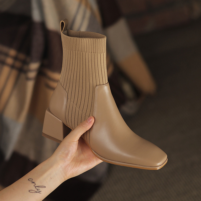 Martin Boots 2023 Fall/Winter New Thick Middle Heel Square Toe Short Boots Women's Knitted apricot Thin Socks Boots Stretch Single Boots