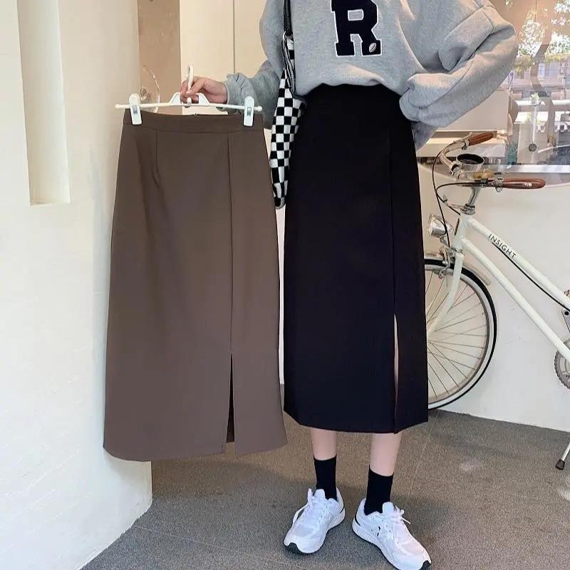 Autumn 2022 New Large Size Chubby Girl Skirt High Waist Mid-length Split A- line Skirt Black Slim Skirt