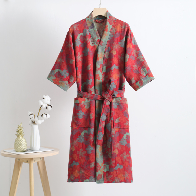 Picture of Pure Cotton Double Gauze Bathrobe Class A Thin Pajamas for Spring and Summer Home Clothes Nightgown Couple's Water Absorbent Quick-drying Bathrobe