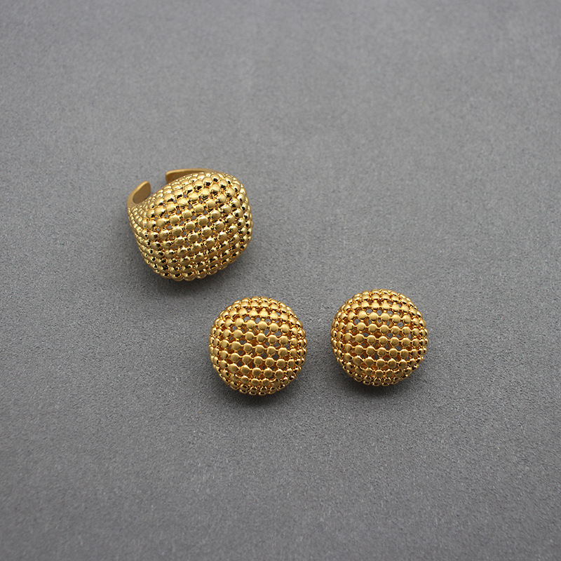 European and American Personality Exaggerated Gold Earrings Ring Hollow Small Chanel Style Button Earrings Opening Personality Copper Plated Real Gold Ring