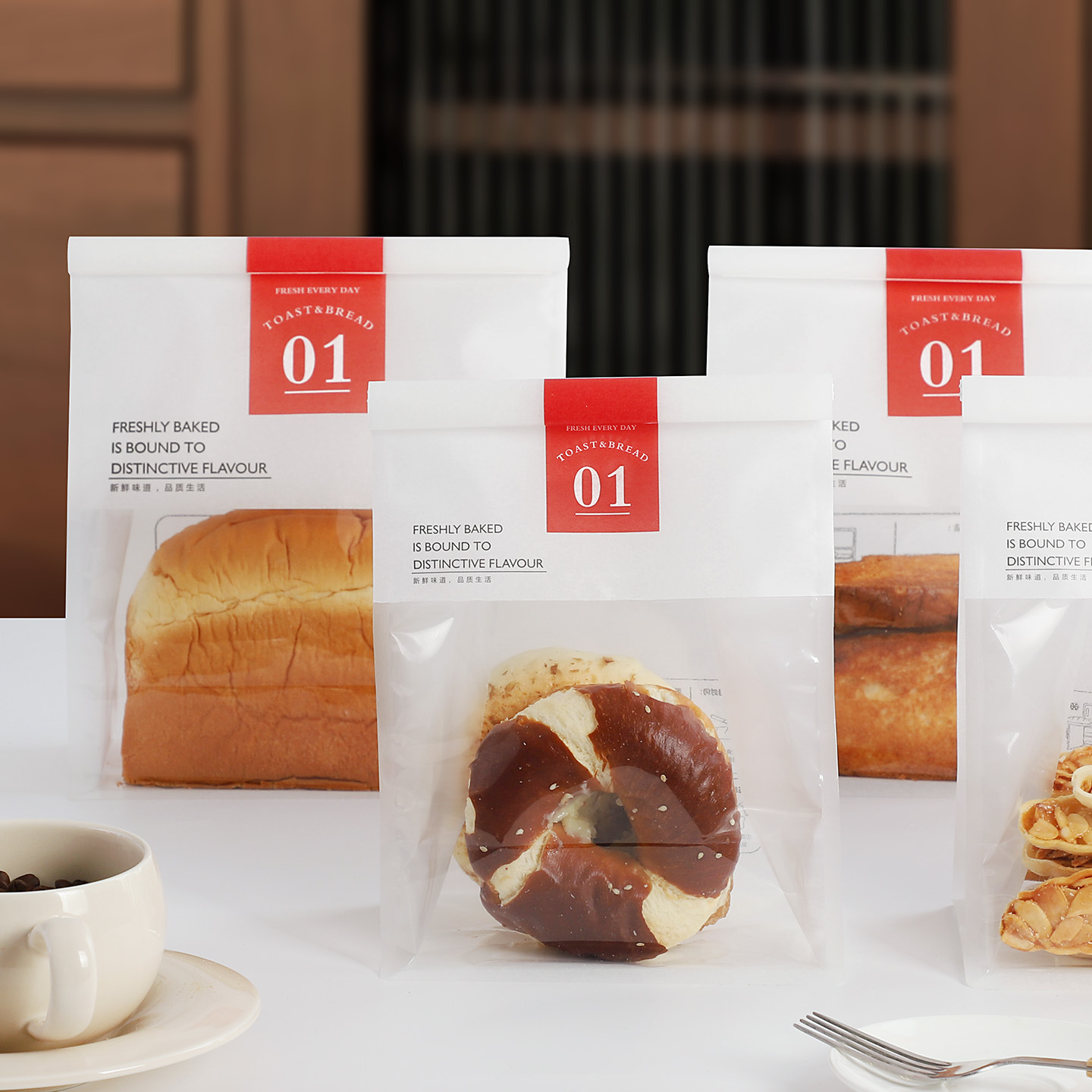 450g Window Toast Bag Packaging Sliced ​​Bread Bag Croissant Eight-Side Sealing Wire Self-Sealing Stand-Up Bag Wholesale