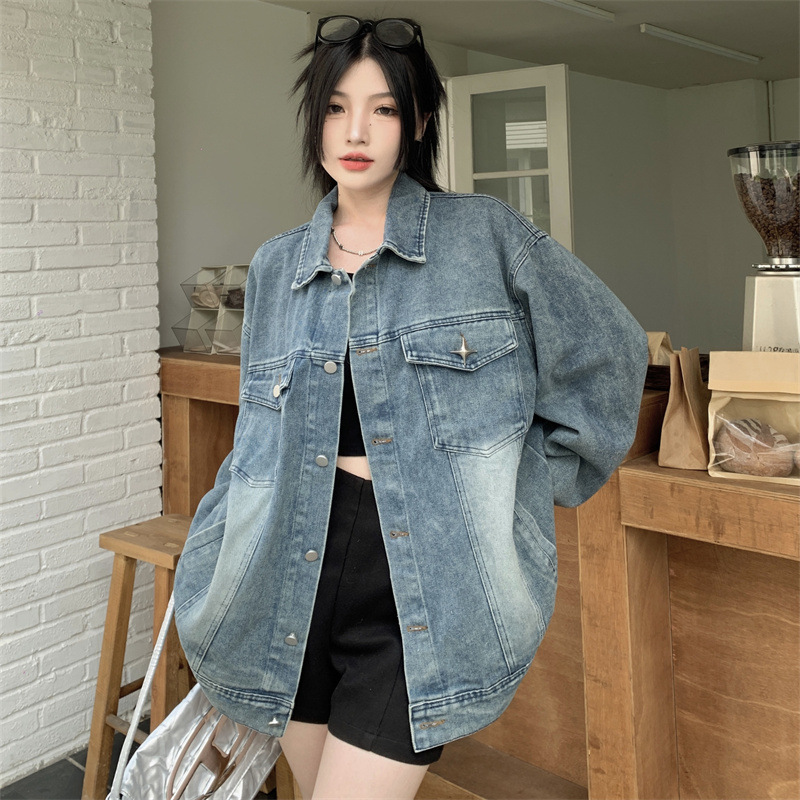 Washed and Distressed Design Jacket for Women, 2025 Spring and Autumn, American Retro, Trendy and Cool, Loose Fit, Ins-Style Top