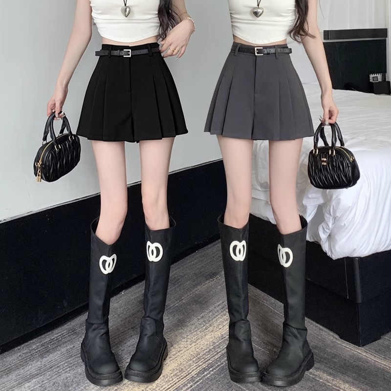 Retro Loose Wide-Leg A-Line Hot Pants High-End Gray Suit Casual Shorts for Women 2024 Summer Pleated Pants and Skirts