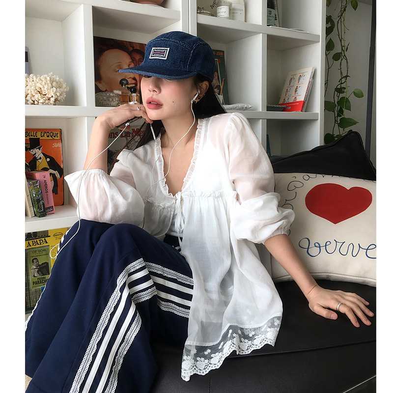 Picture of Chic Korean Style Thin Sun Protection Spliced ​​Lace Cardigan Lace-Up Shirt