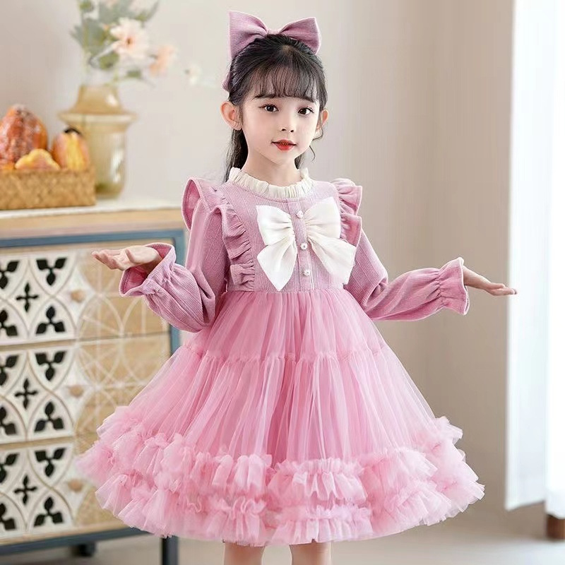 Fashion girls heavy industry design French dress 2023 autumn and winter sweet bow corduroy mesh princess skirt