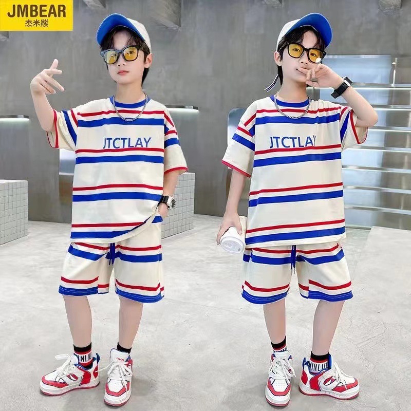 Picture of Children's Boys Summer Suit Korean Style Stripesd 2025 New Internet Celebrity Thin Short-Sleeved Clothes Cool Trendy Kidsren's Two-Piece Set