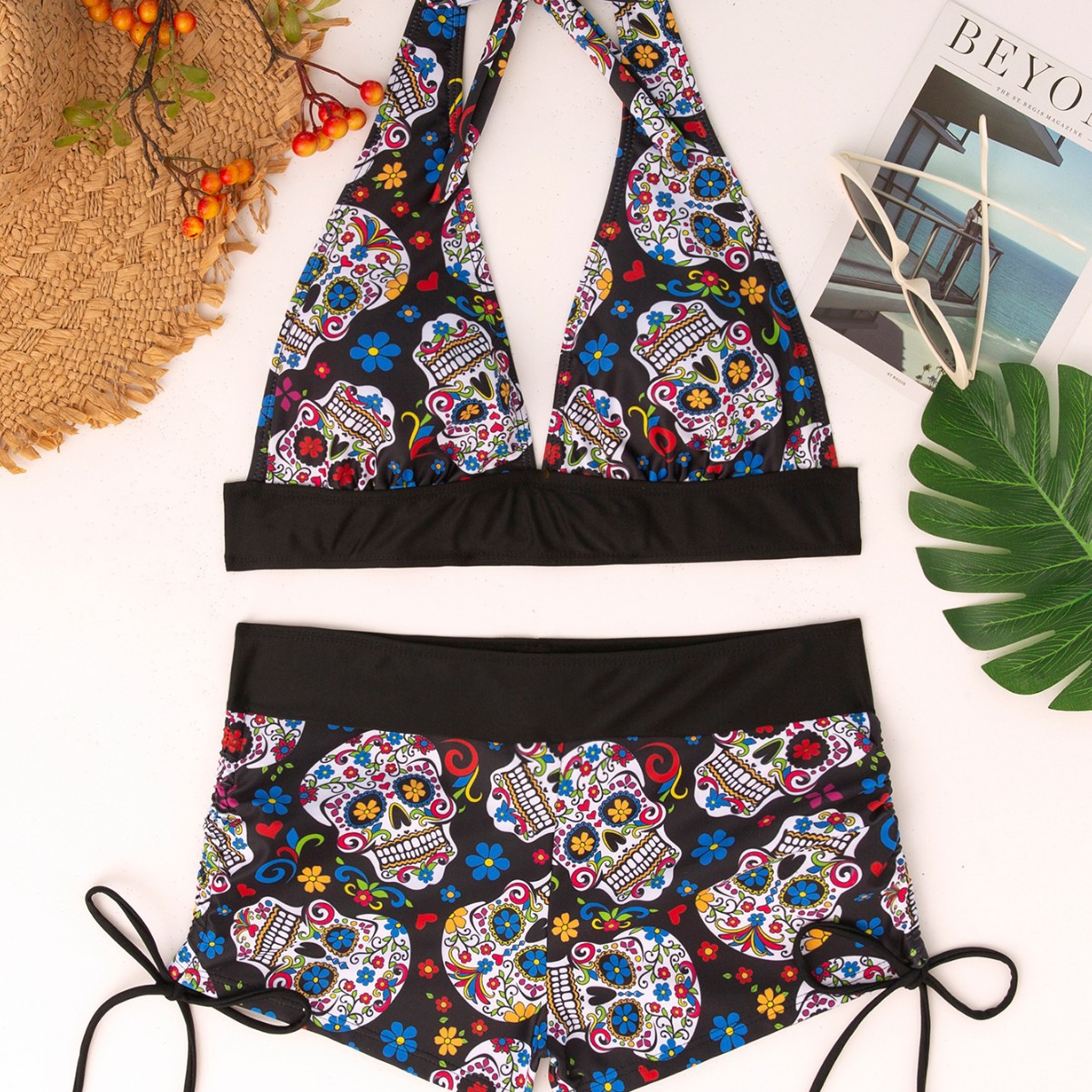 European and American Summer New Bikini Skull Print Hanging Neck suit Two-piece Swimsuit Women's swimsuit