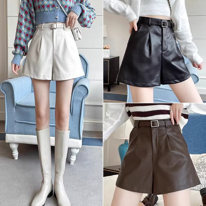 Black Pu Leather Shorts Women's 2025 Autumn and Winter New Casual High Waist Slim Easiest for Match Loose Wide Leg Bottoming Boot Pants