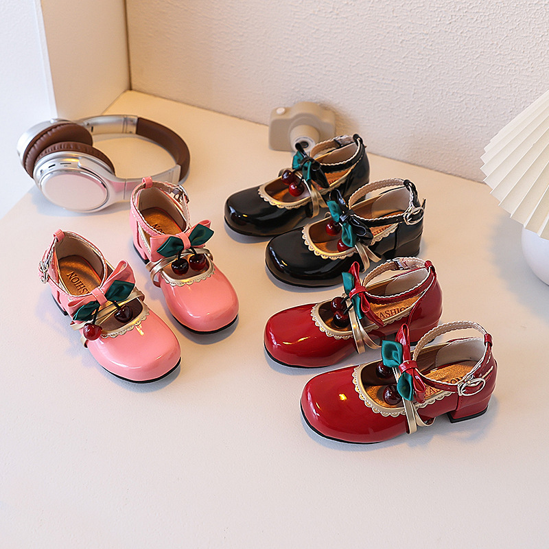 Children's Thick Heel Round Toe Mary Jane Small Leather Shoes 2025 New Girls French Sweet and Cute Bow Princess Shoes